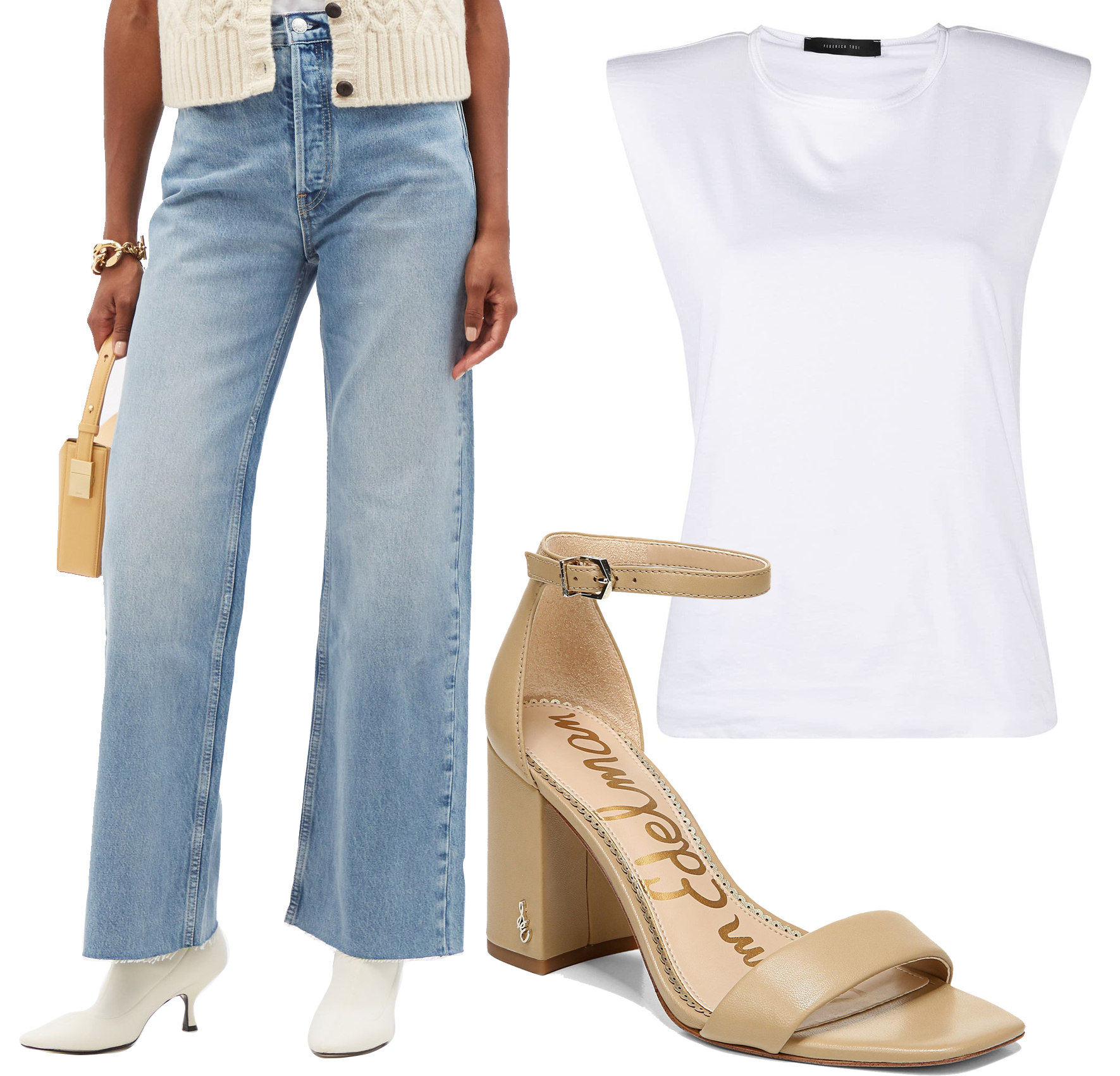 Re/Done 70s Ultra High Rise Wide-leg Jeans, Sam Edelman Daniella Ankle Strap Sandal, Federica Tosi Vest with Statement Shoulder Pads