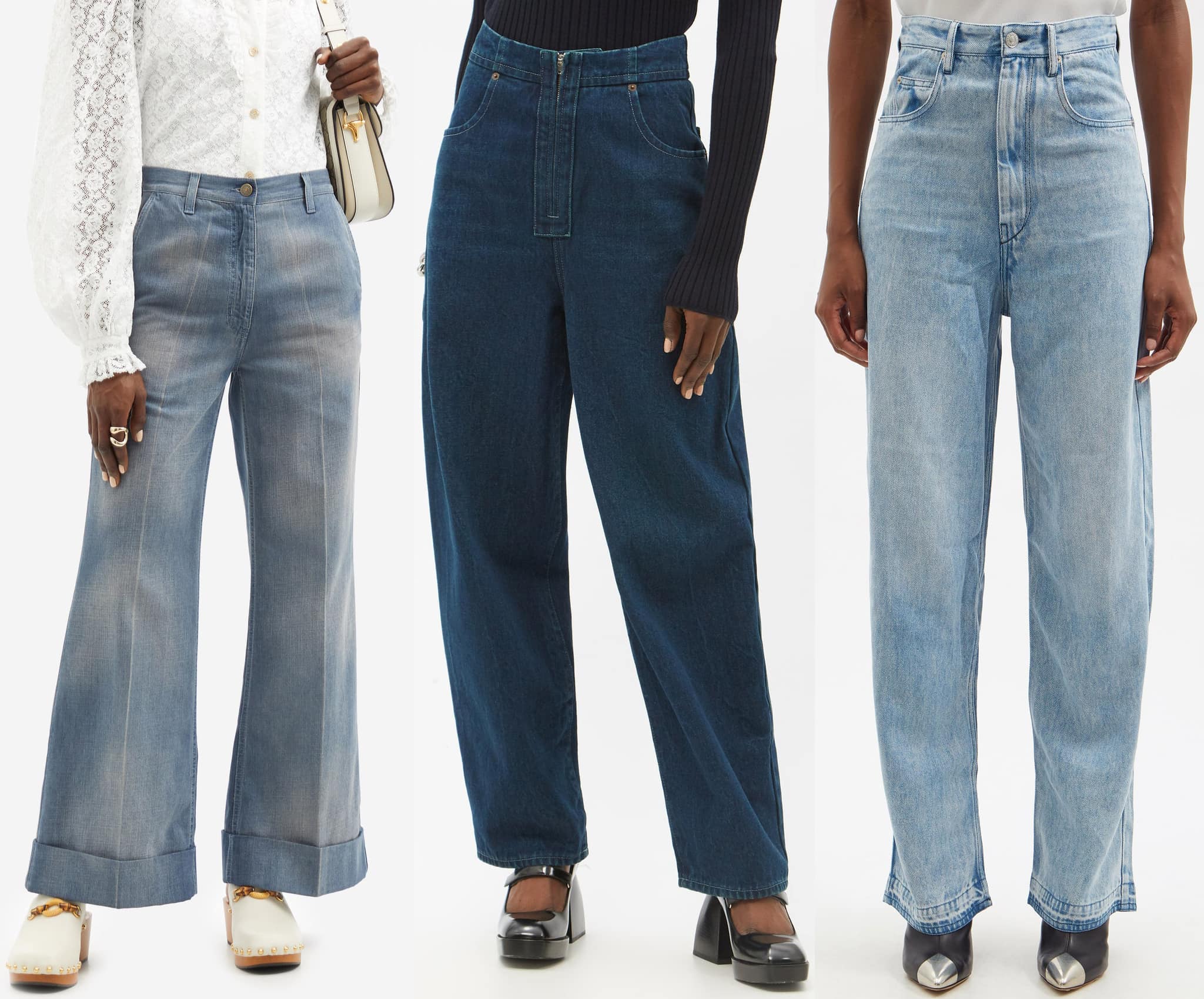 High-rise wide-leg jeans have a fit above the belly button and a full-length wide leg