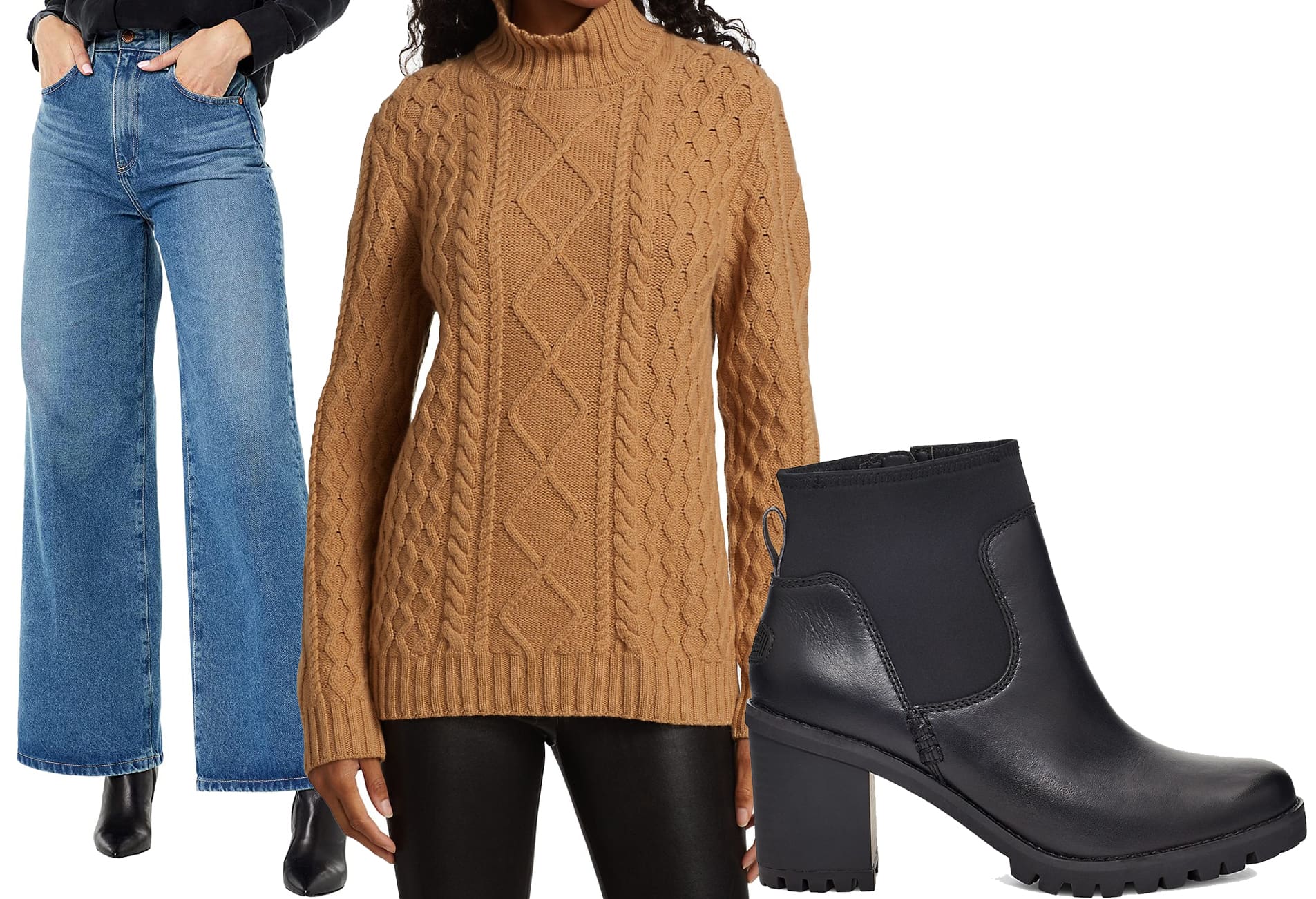 AG Adriano Goldschmied Deven High-Rise Ultra Wide Leg in Republic, Saks Fifth Avenue Collection: Cable-Knit Wool-Cashmere Fisherman Sweater, UGG Amathea Waterproof Leather Boots