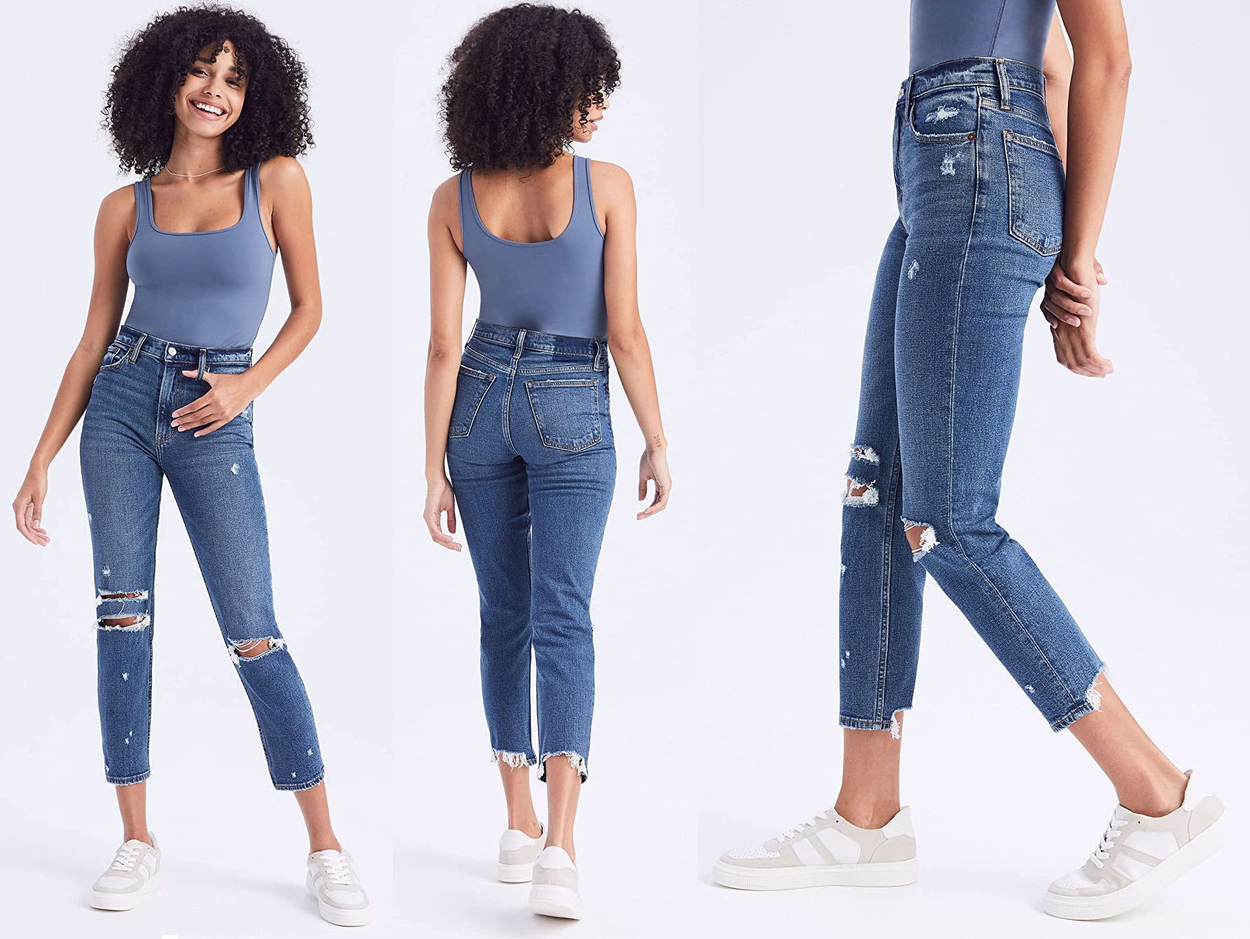 A classic style, these High Rise Mom Jeans feature trendy ripped knees and frayed hem