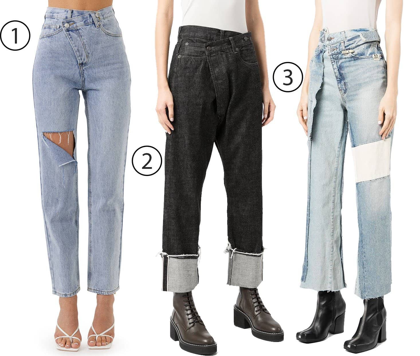 1. Grey Lab Asymmetric Wrap Jeans 2. R13 Asymmetric Cropped Jeans 3. Maison Mihara Yasuhiro Asymmetric Patchwork-design Jeans