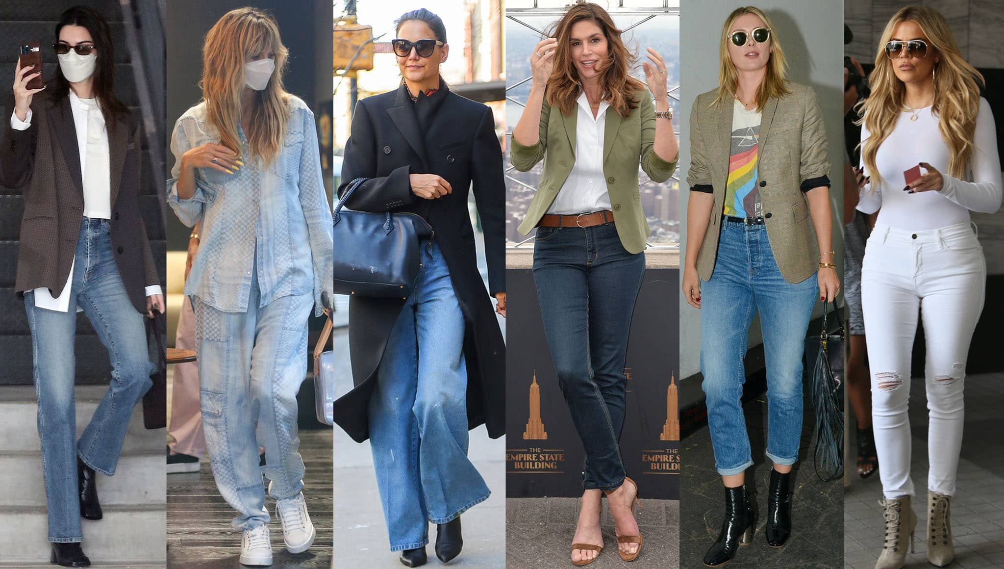 Tall celebrities Kendall Jenner, Heidi Klum, Katie Holmes, Cindy Crawford, Maria Sharapova, and Khloe Kardashian show how they wear jeans