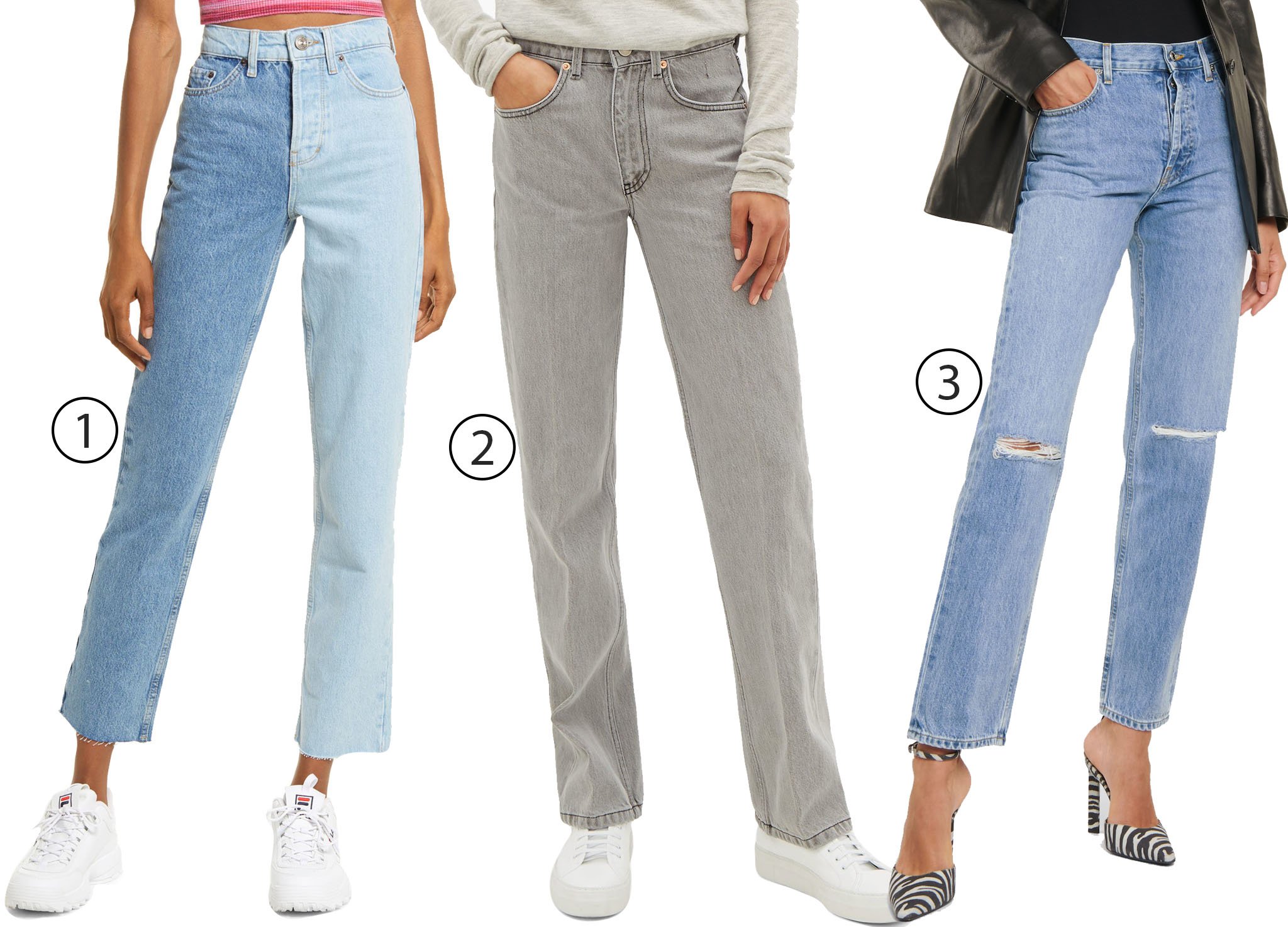 1. BDG Urban Outfitters Two-Tone Pax Straight-Leg Jeans 2. Raey Push Straight-Leg Jeans 3. Helmut Lang Distressed High-Rise Straight Jeans