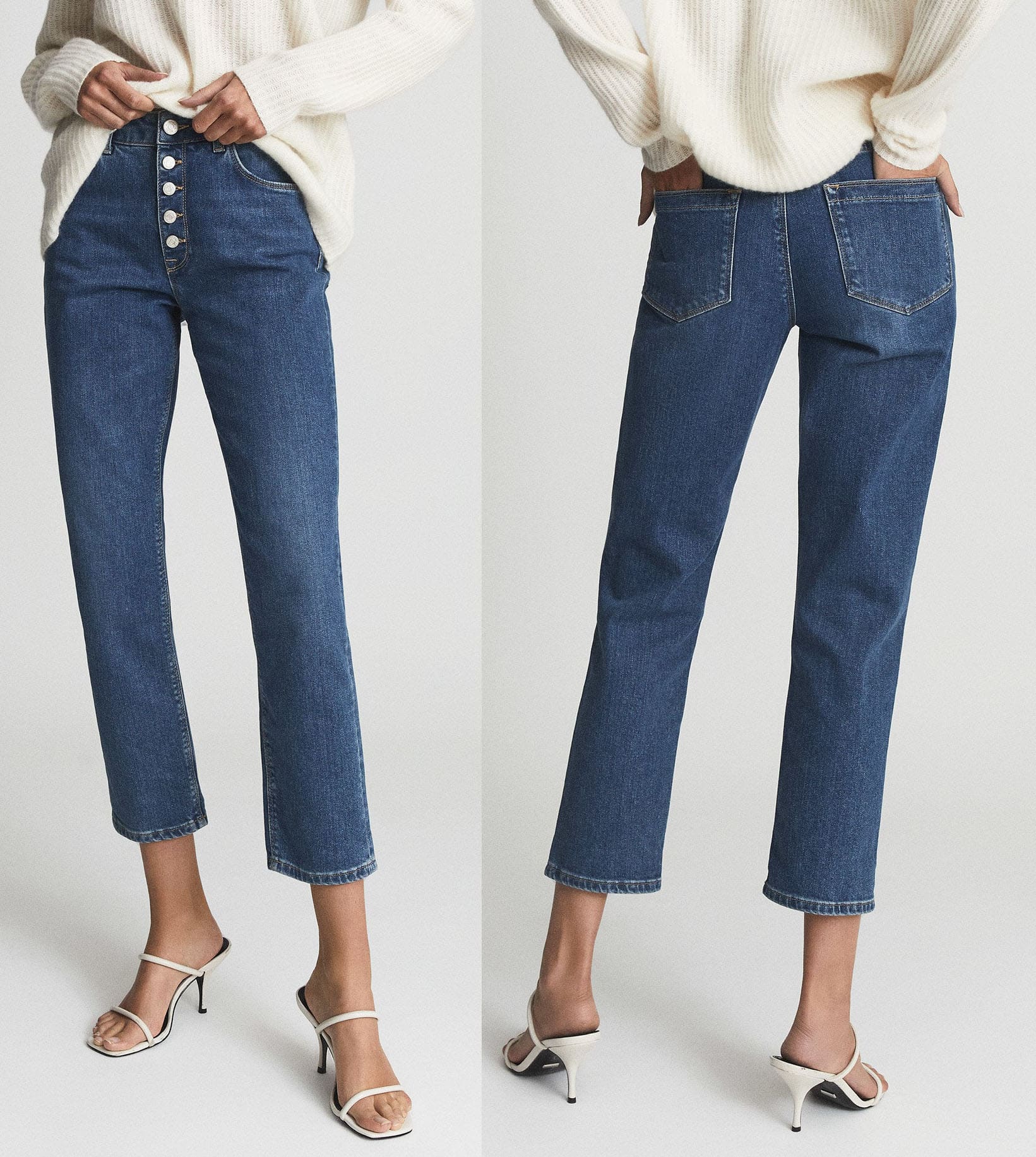 These mid-rise slim fit jeans are cropped right above the ankles and feature a unique finish to ensure the mid-blue color does not fade after washing