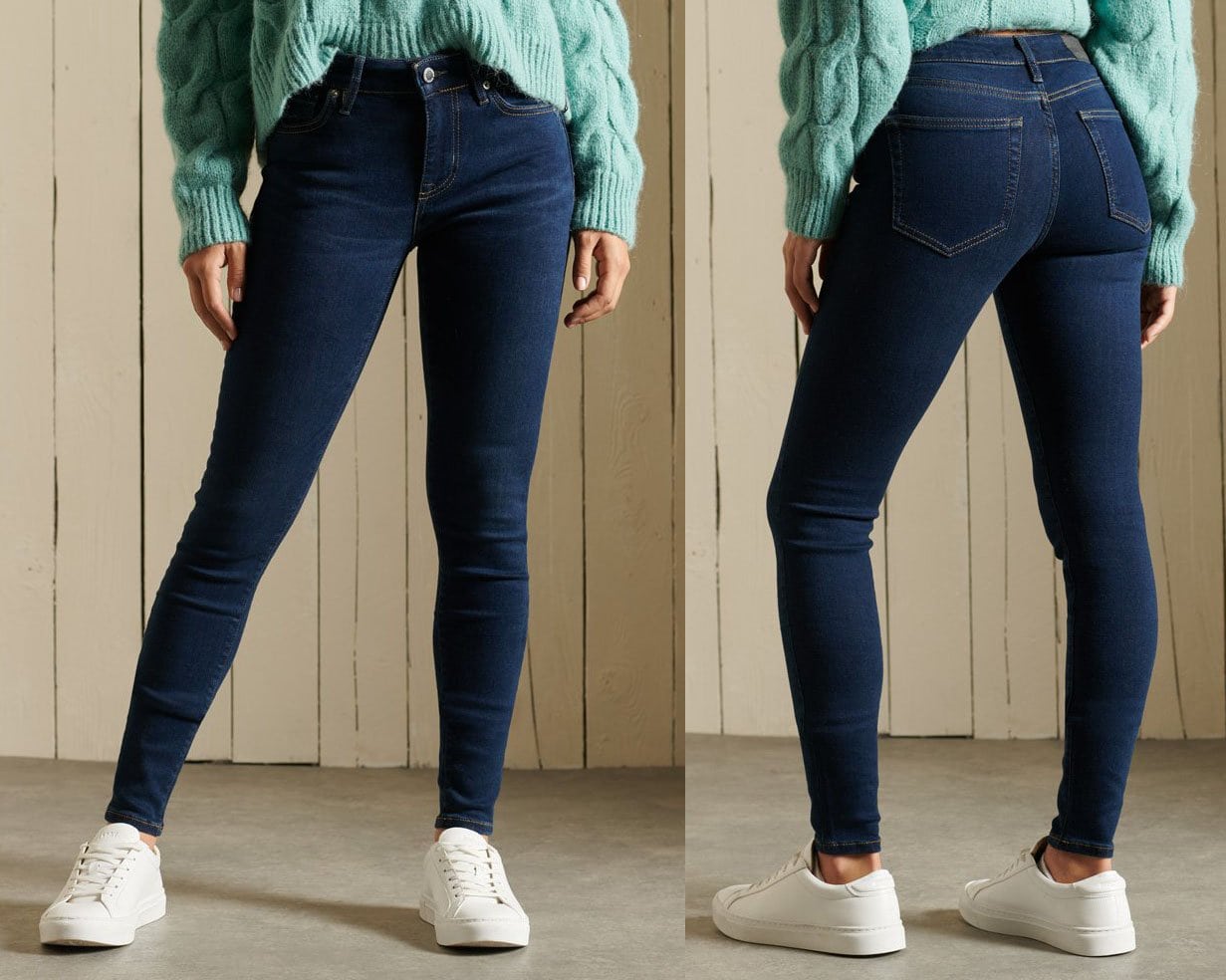 These mid-rise skinny jeans have a classic five-pocket design and enough stretch for comfort
