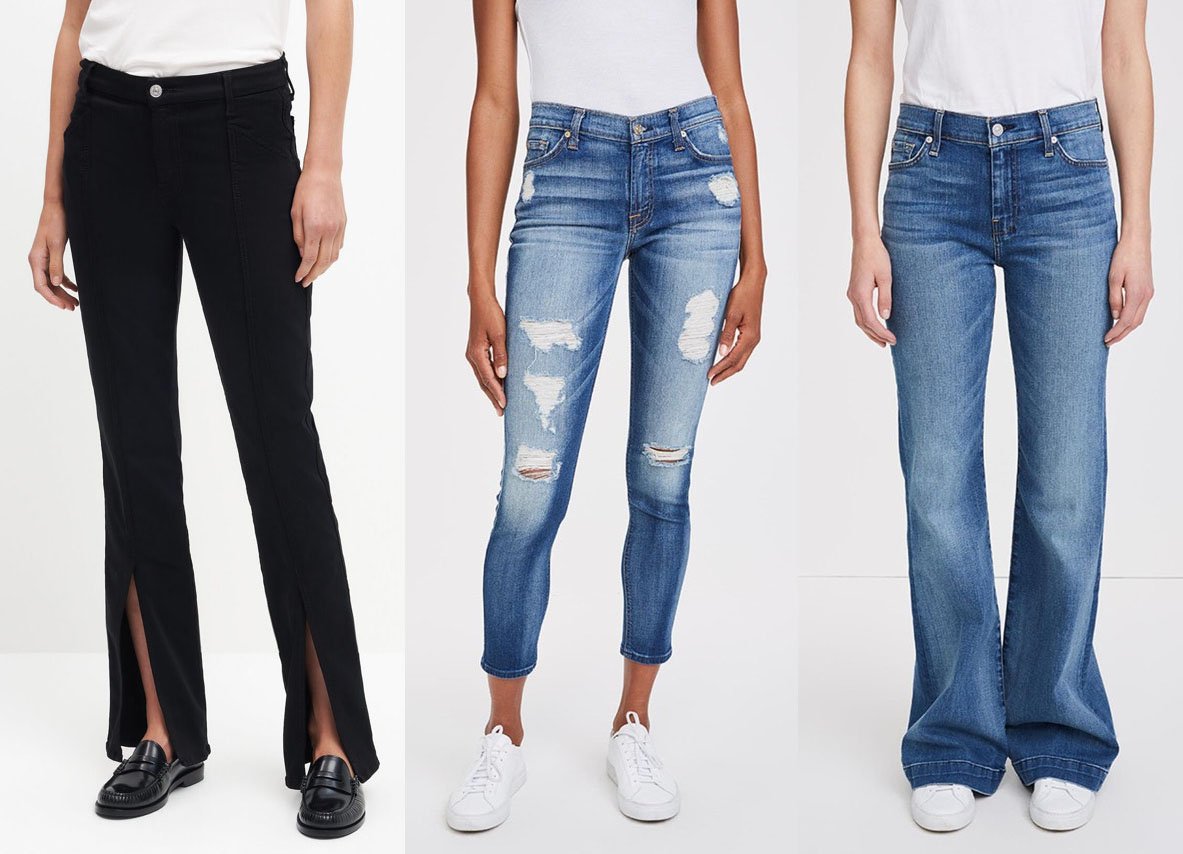 Slim Illusion Kimmie Straight with Center Front Vent, $228; Ankle Skinny with Destroy in Distressed Authentic Light, $225; Dojo in Distressed Authentic Light, $215
