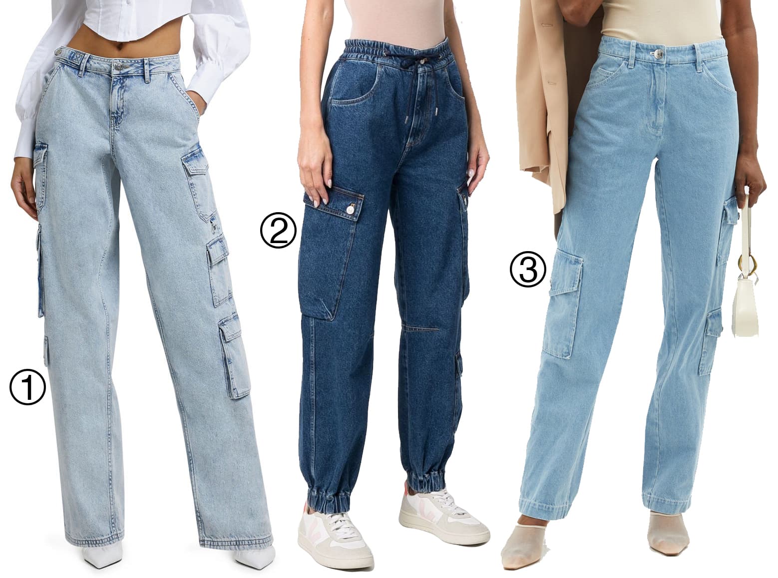 1. River Island Aria Cargo Dad Jeans; 2. Kenzo Denim Cargo Trousers; 3. Staud Easton Denim Cargo Trousers