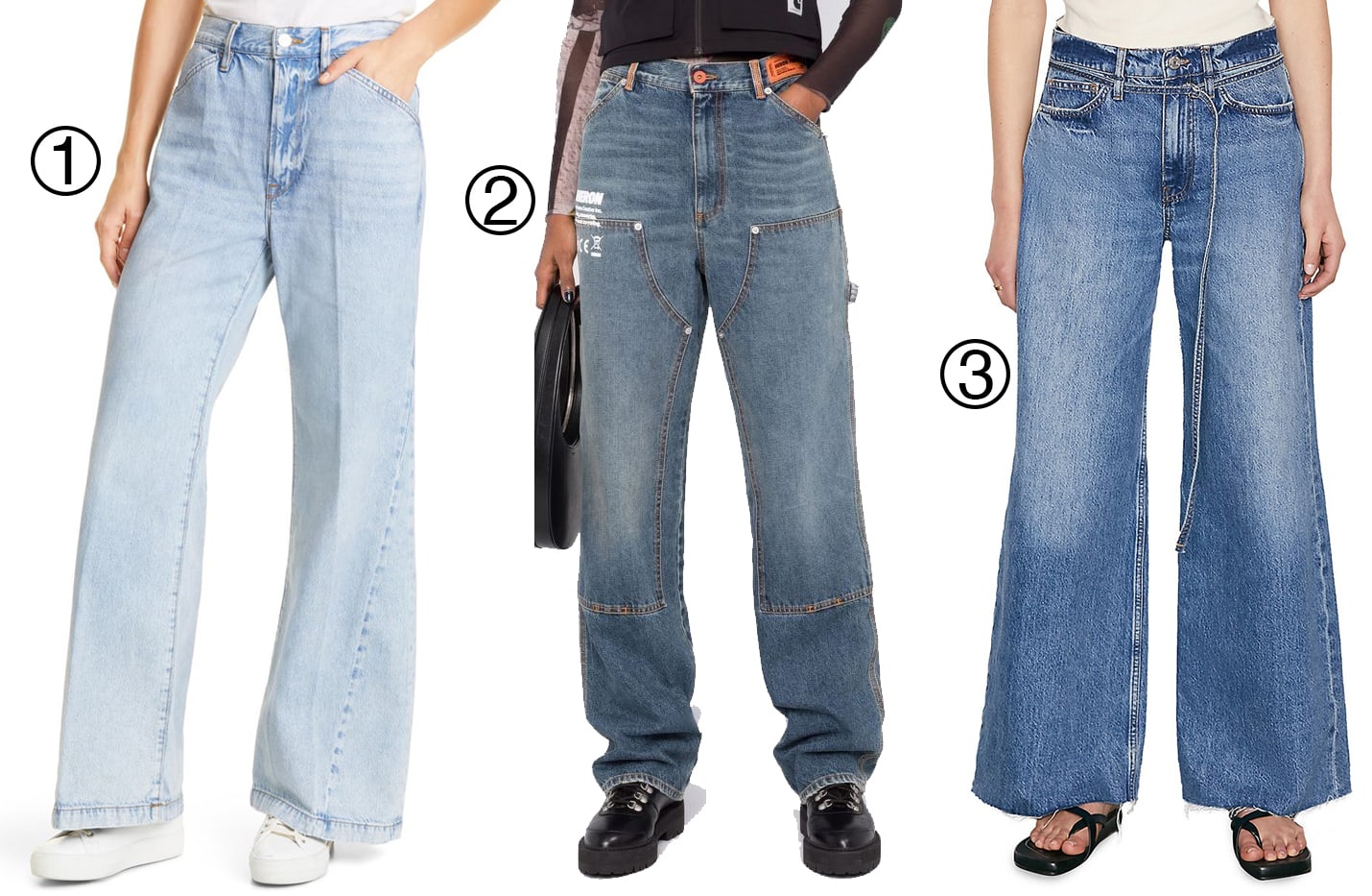 1. Frame Le Baggy High Waist Wide Leg Jeans; 2. Heron Preston Code 8000 Baggy Jeans; 3. Frame High-Rise Baggy Jeans