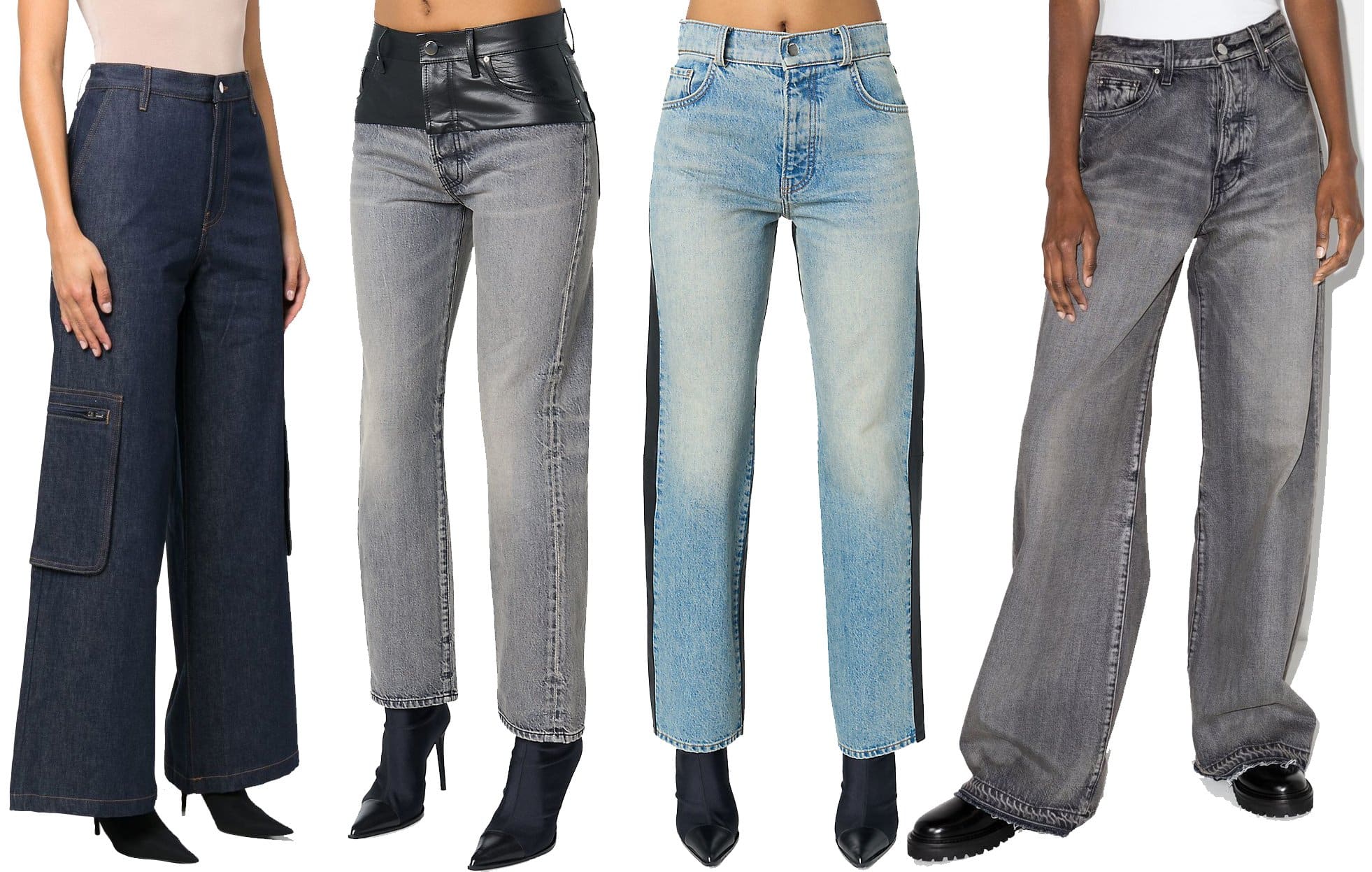 AMIRI Wide-Leg Cargo Jeans, $1,156; AMIRI Hybrid Mix Media Straight-Leg Jeans, $1,190; AMIRI Combo Straight Mid-Rise Jeans, $1,390; AMIRI Wide-Leg Jeans, $1,096